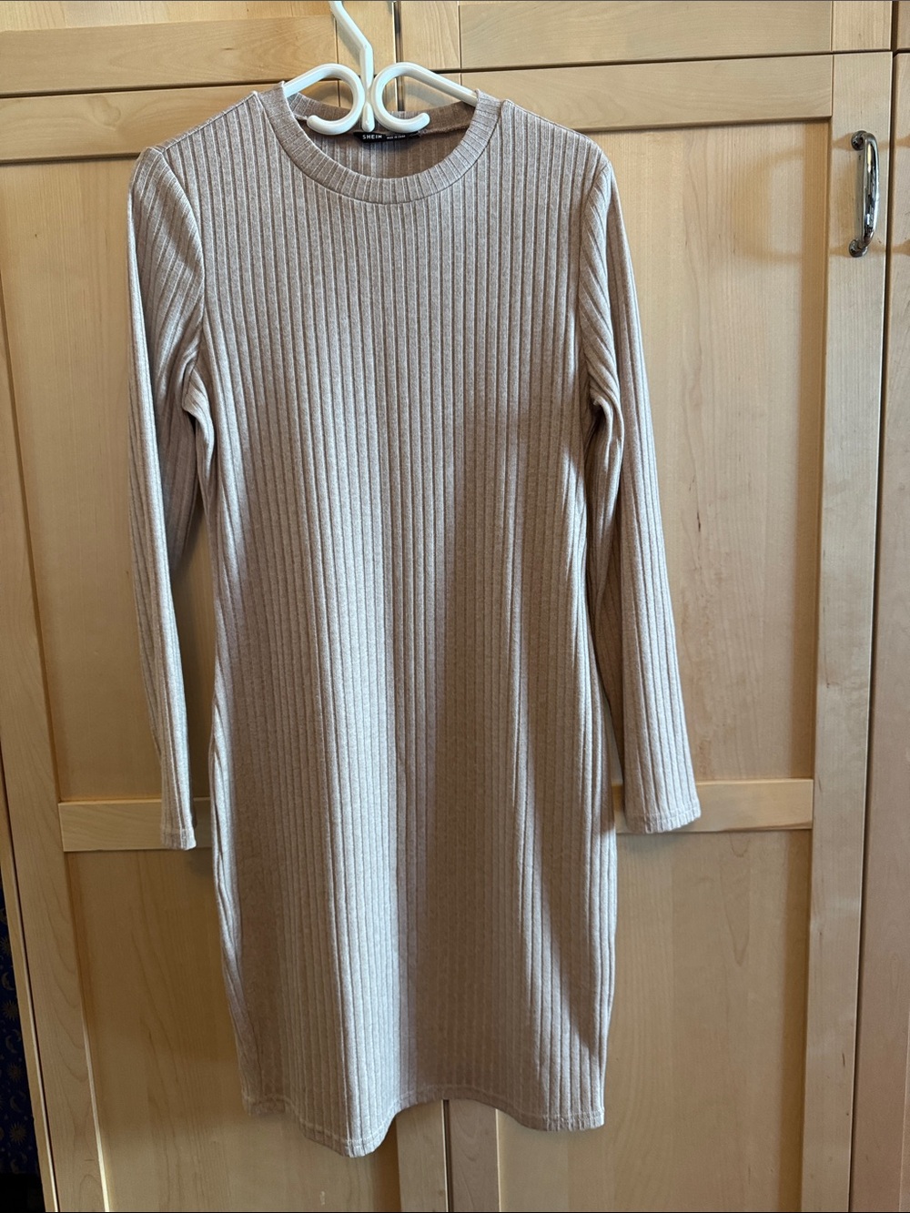 SHEIN Beige Ribbed Long Sleeve Bodycon Dress